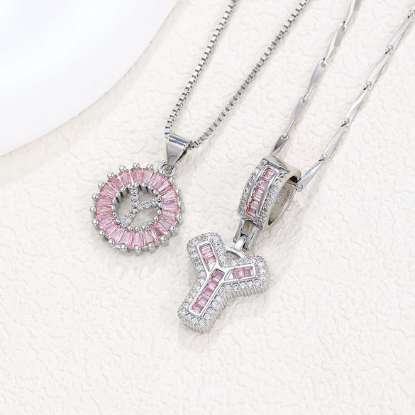 Women's Copper Inlaid Zircon Pendant Necklace With Geometric Pattern And Letter Shape Set With Diamonds