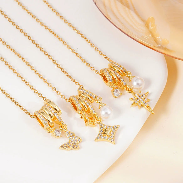 Women's Copper Inlaid Zircon Star Butterfly Pendant Necklace With Rhombus Animal Zodiac Pattern And Electroplating Process