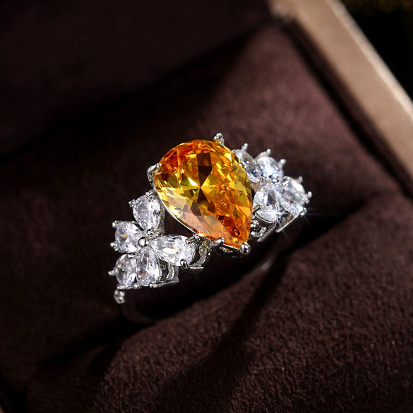 Women's Copper Inlaid Zircon Water Drop Pear Shaped Geometric Ring Jewelry