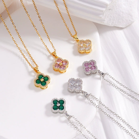 Women's Copper Jewelry Inlaid Zircon And Mixed Gemstone Fourleaf Clover Pendant With Geometric Pattern Electroplated O Chain Light Luxury Style