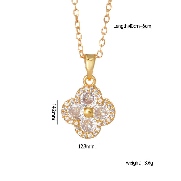 Women's Copper Jewelry Inlaid Zircon And Mixed Gemstone Fourleaf Clover Pendant With Geometric Pattern Electroplated O Chain Light Luxury Style