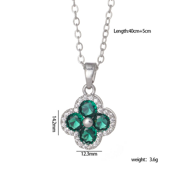 Women's Copper Jewelry Inlaid Zircon And Mixed Gemstone Fourleaf Clover Pendant With Geometric Pattern Electroplated O Chain Light Luxury Style