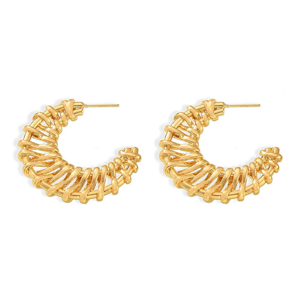 Women's Copper Jewelry Simple Woven Vintage Hollow Cshaped Earrings With Geometric Pattern And 18K Gold Plated Design