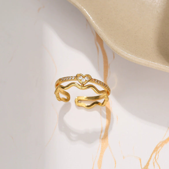 Women's Copper 18K Gold Plated Heart Shaped Diamond Opening Adjustable Light Luxury Ring Jewelry