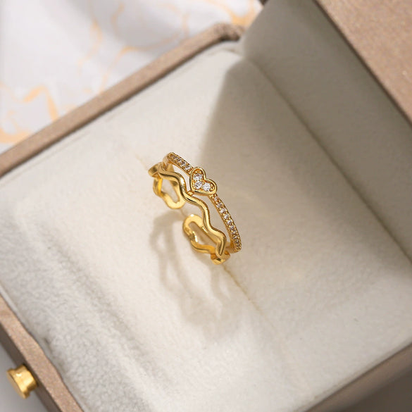 Women's Copper 18K Gold Plated Heart Shaped Diamond Opening Adjustable Light Luxury Ring Jewelry