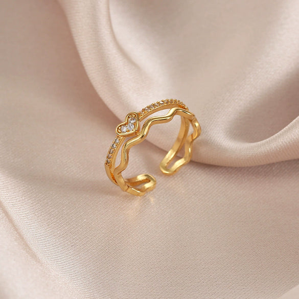 Women's Copper 18K Gold Plated Heart Shaped Diamond Opening Adjustable Light Luxury Ring Jewelry