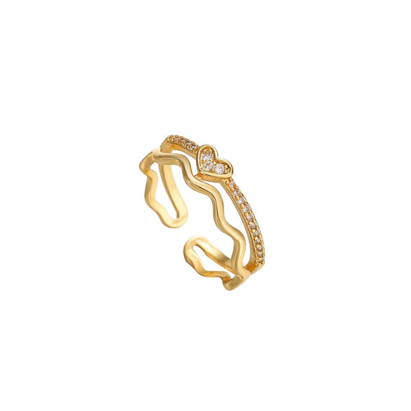 Women's Copper 18K Gold Plated Heart Shaped Diamond Opening Adjustable Light Luxury Ring Jewelry