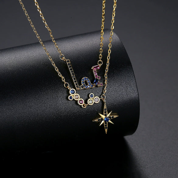 Women's Copper Layered Letter Pendant Necklace Elegant Fashion Collarbone Chain Jewelry