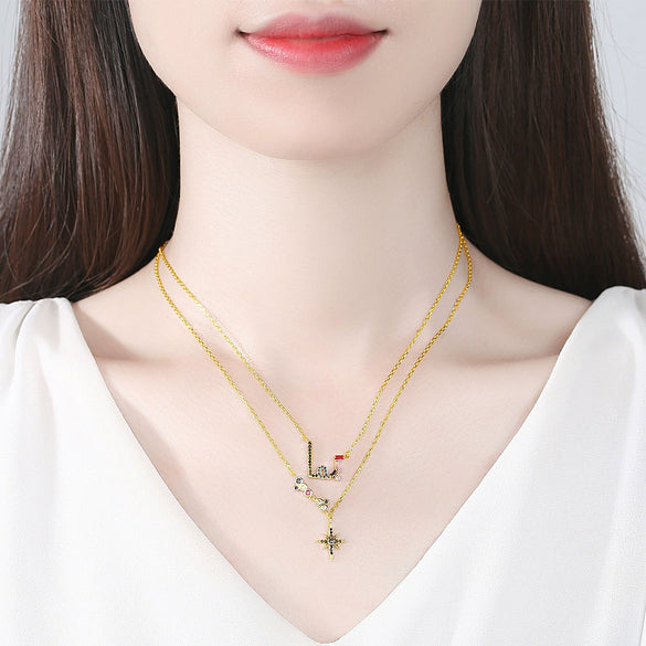 Women's Copper Layered Letter Pendant Necklace Elegant Fashion Collarbone Chain Jewelry