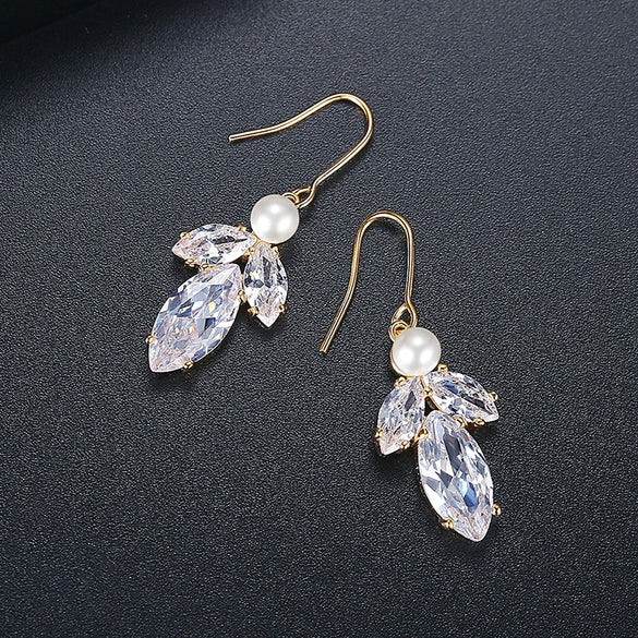 Women's Copper Leaf Fish Hook Earrings With Transparent Zircon And Pearl Accents Electroplated Fashion Jewelry