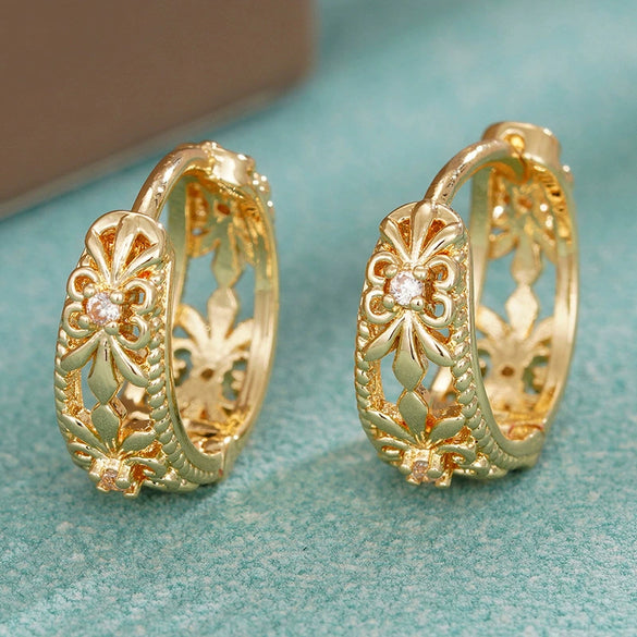 Women's Copper Metal Electroplated Geometric Heart Shape Leaves Zirconia Earrings