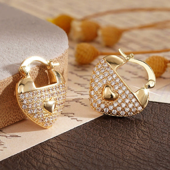 Women's Copper Metal Electroplated Geometric Heart Shape Leaves Zirconia Earrings