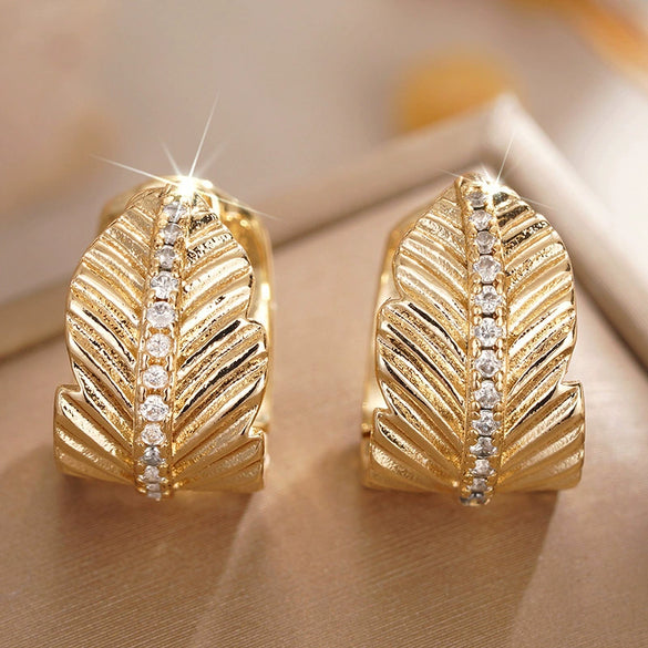 Women's Copper Metal Electroplated Geometric Heart Shape Leaves Zirconia Earrings