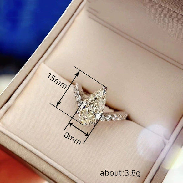 Women's Copper Metal Shining Water Drop Pearshaped Zircon Ring With Geometric Design
