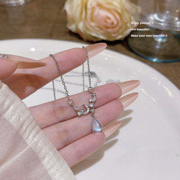 Women's Copper Moonstone Teardrop Star Pendant Necklace With Electroplating And Minimalist Style