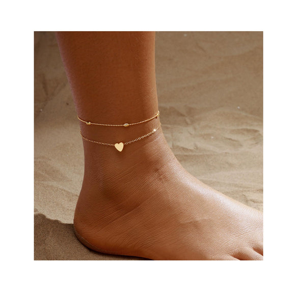 Women's Copper Multi Layer Pearl Anklet With Geometric Heart Pendant Simple Fashion Foot Jewelry