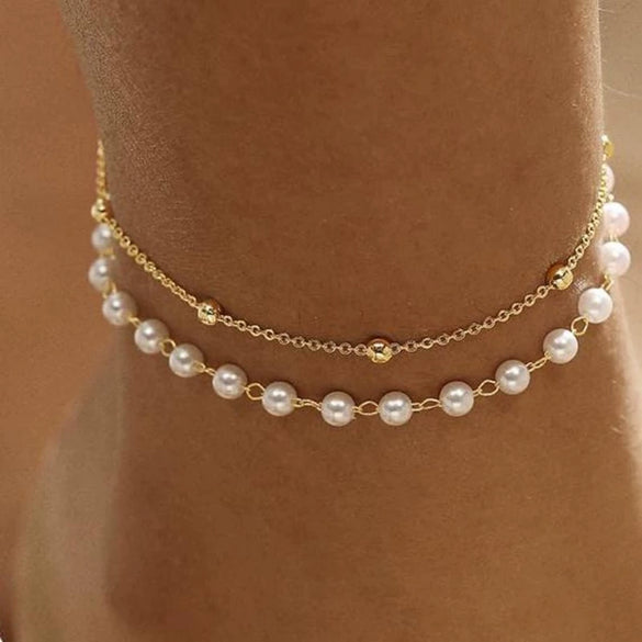 Women's Copper Multi Layer Pearl Anklet With Geometric Heart Pendant Simple Fashion Foot Jewelry