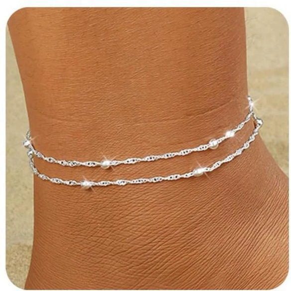 Women's Copper Multi Layer Pearl Anklet With Geometric Heart Pendant Simple Fashion Foot Jewelry