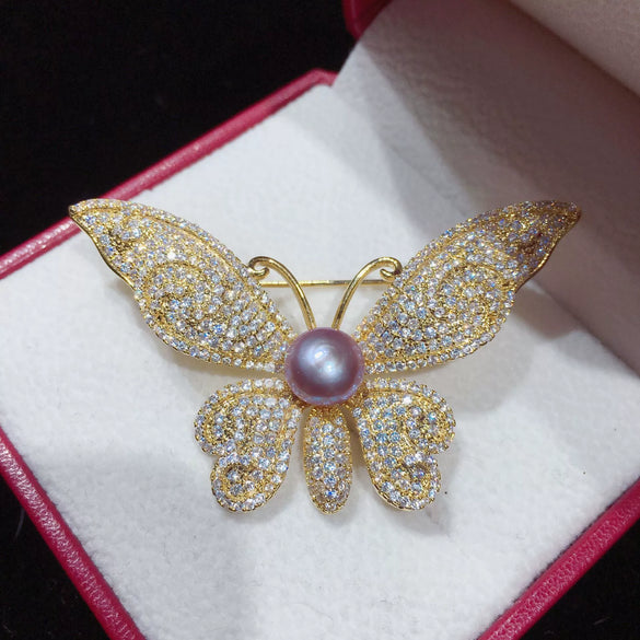 Women's Copper Natural Freshwater Pearl Butterfly Brooch With Micro Inlay Simple Style Fine Jewelry