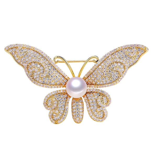 Women's Copper Natural Freshwater Pearl Butterfly Brooch With Micro Inlay Simple Style Fine Jewelry