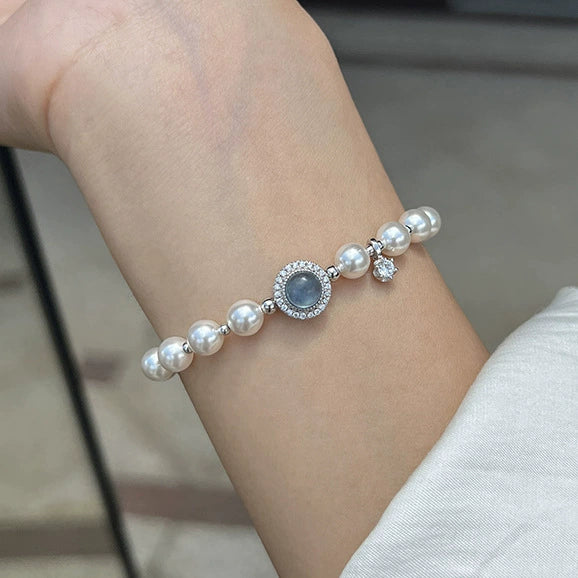 Women's Copper Natural Style Handmade Round Zircon Aquamarine Shijia Pearl Bracelet