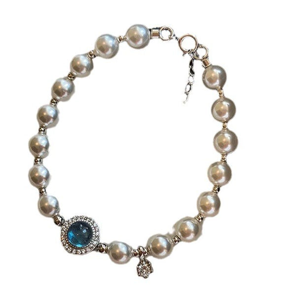 Women's Copper Natural Style Handmade Round Zircon Aquamarine Shijia Pearl Bracelet