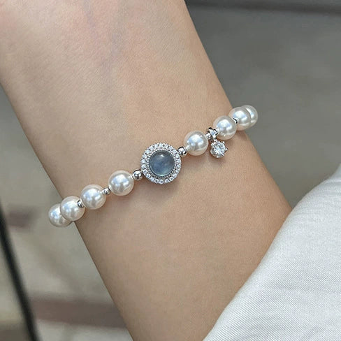 Women's Copper Natural Style Handmade Round Zircon Aquamarine Shijia Pearl Bracelet