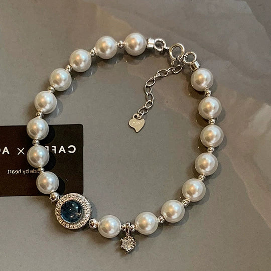 Women's Copper Natural Style Handmade Round Zircon Aquamarine Shijia Pearl Bracelet