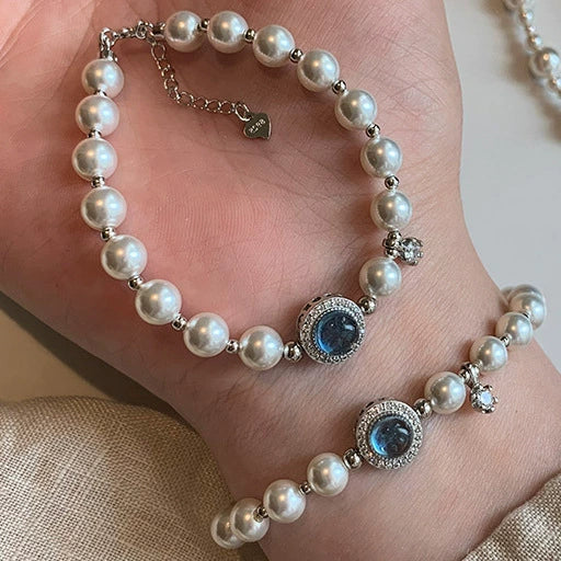 Women's Copper Natural Style Handmade Round Zircon Aquamarine Shijia Pearl Bracelet