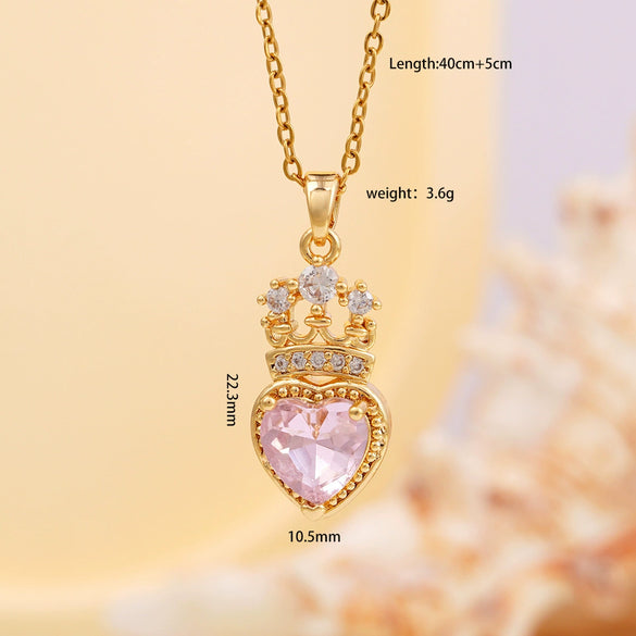Women's Copper Necklace With Heart Shape Mixed Gemstone Inlay Pendant And O Chain Electroplated Design