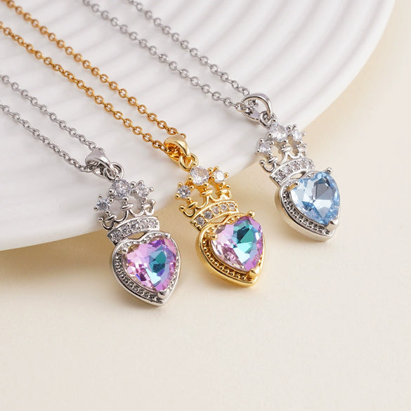 Women's Copper Necklace With Heart Shape Mixed Gemstone Inlay Pendant And O Chain Electroplated Design