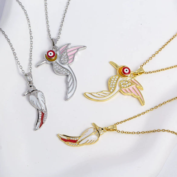 Women's Copper Necklace With Hummingbird Shape Animal Pattern Electroplating Process Mixed Gemstone Setting Pendant And O Word Chain