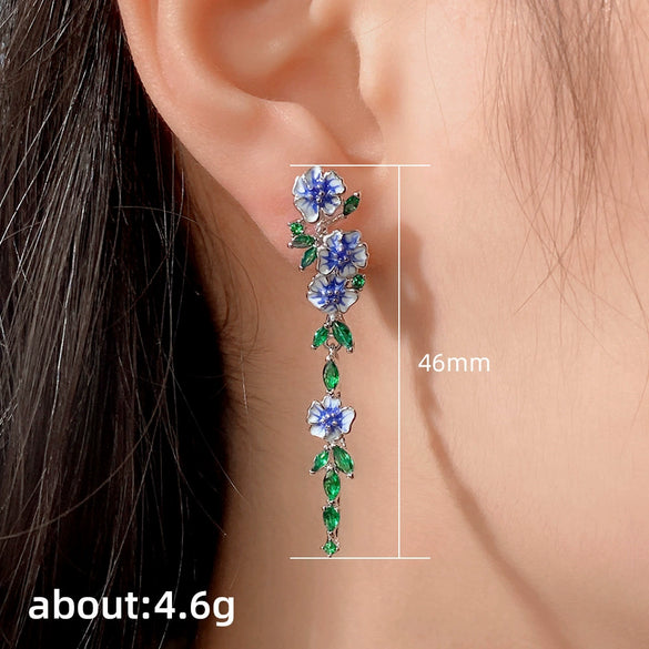 Women's Copper Oil Drop Handpainted Flower Zircon Earrings