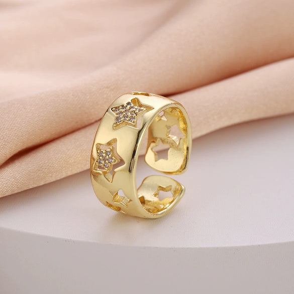 Women's Copper Open Ring With Flower Pattern Electroplated With Real Gold