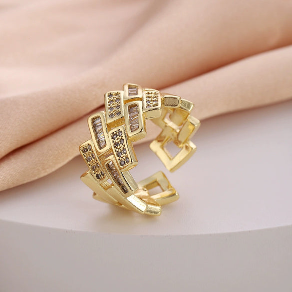 Women's Copper Open Ring With Flower Pattern Electroplated With Real Gold