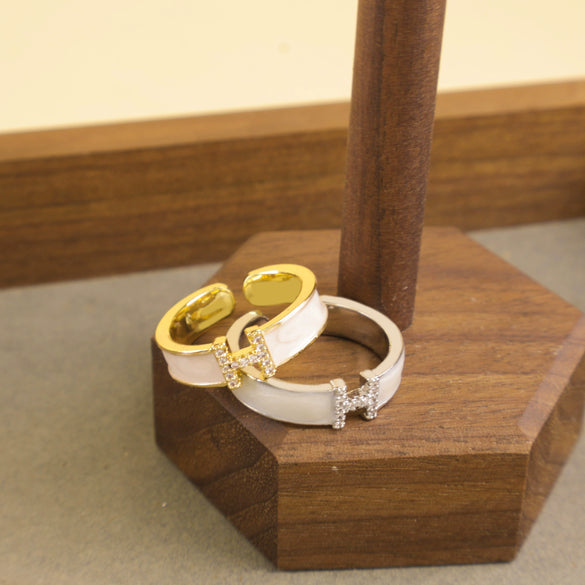Women's Copper Open Ring With Letter H And Zircon Real Gold Plated Light Luxury Niche Design