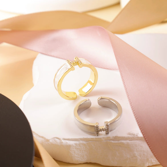 Women's Copper Open Ring With Letter H And Zircon Real Gold Plated Light Luxury Niche Design