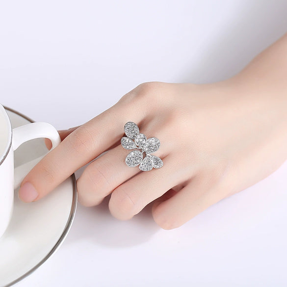 Women's Copper Open Ring With Zircon Flower Design Adjustable Minimalist Floral Jewelry