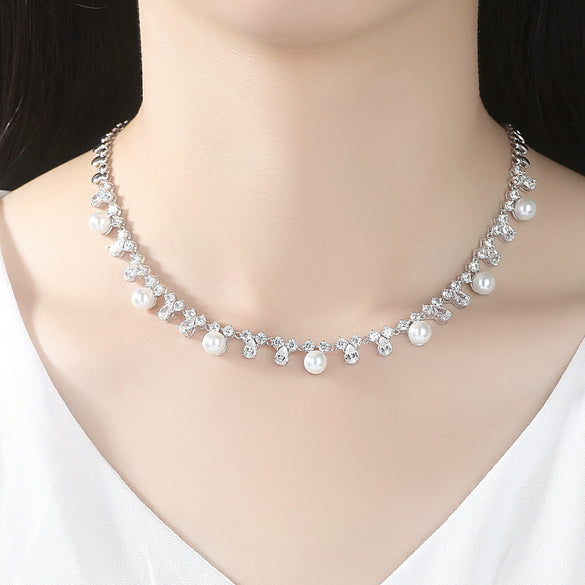 Women's Copper Pearl And Zircon Crystal Necklace With Geometric Design Electroplated Handmade Chain Fashion Jewelry