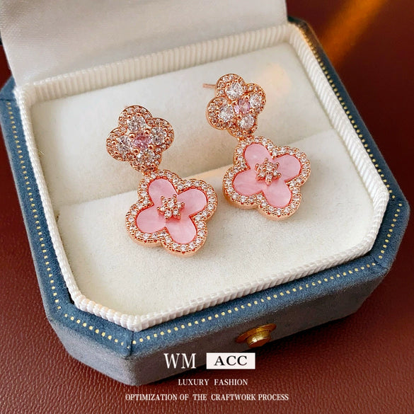 Women's Copper Pendant Earrings With 925 Silver Needle Set With Zirconia And Motherofpearl Flower Design Light Luxury Style