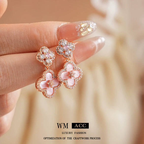 Women's Copper Pendant Earrings With 925 Silver Needle Set With Zirconia And Motherofpearl Flower Design Light Luxury Style