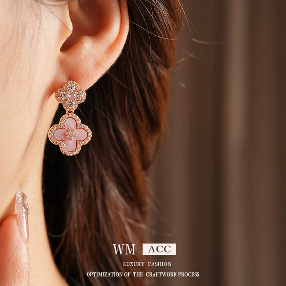 Women's Copper Pendant Earrings With 925 Silver Needle Set With Zirconia And Motherofpearl Flower Design Light Luxury Style