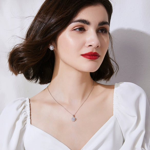 Women's Copper Pendant Necklace Set With White Zircon Accents Geometric Floral Design Cross Chain And Delicate Sparkling Fashion Jewelry
