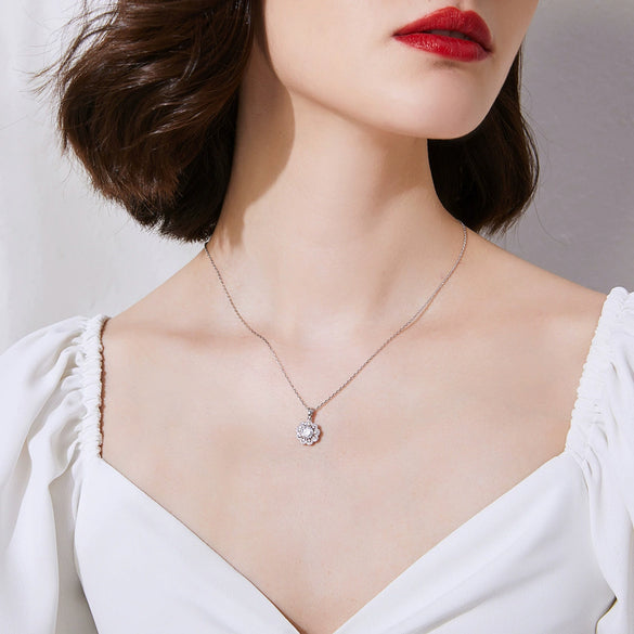 Women's Copper Pendant Necklace Set With White Zircon Accents Geometric Floral Design Cross Chain And Delicate Sparkling Fashion Jewelry