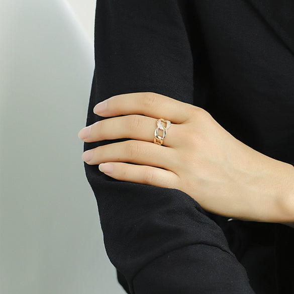 Women's Copper Plated Gold Cuban Chain Style Finger Ring With Zircon