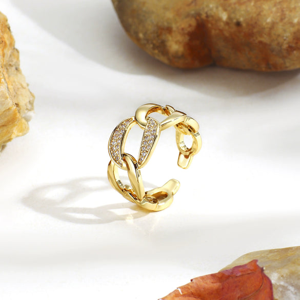 Women's Copper Plated Gold Cuban Chain Style Finger Ring With Zircon