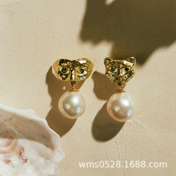 Women's Copper Plated Leopard Head Pearl Earrings Animal Zodiac Statement Jewelry With Vintage Medieval Style