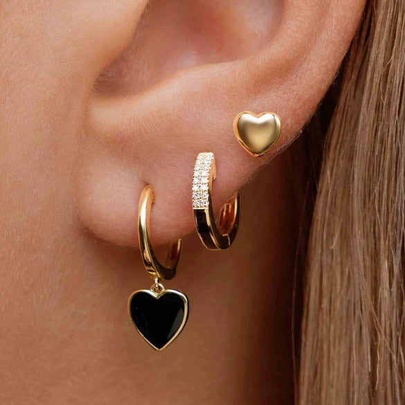 Women's Copper Plated Real Gold Simple Love Oil Drop Earrings With Heart And Geometric Patterns And Microinlaid Zircons