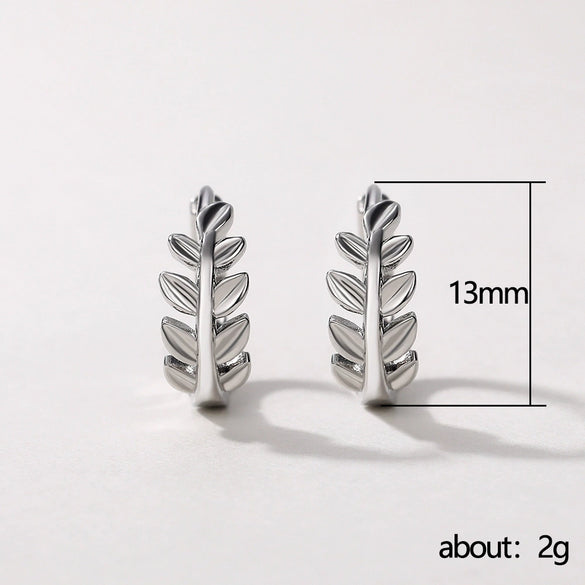 Women's Copper Plated White Gold Leaf Earrings With Zircon Inlay