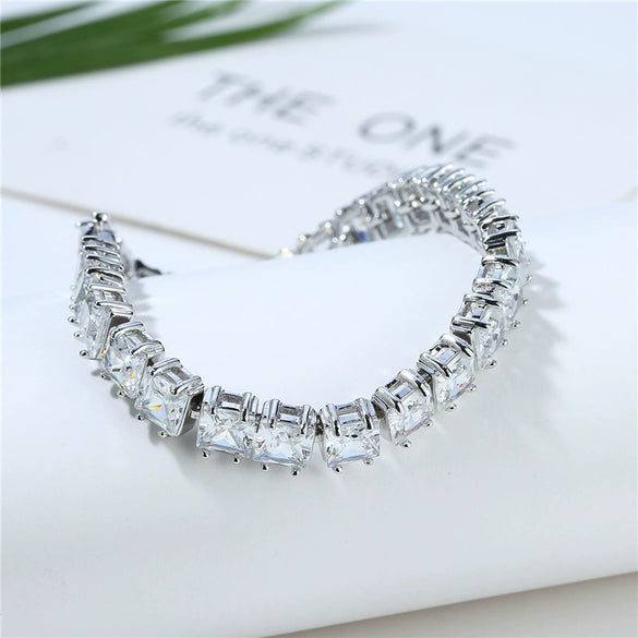 Women's Copper Platinum Plated Geometric Square Zirconia Bracelet And Anklet Fashion Jewelry